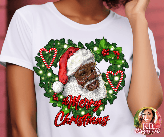 Black Afro Santa Claus, Merry Christmas Heart Wreath DTF Transfer